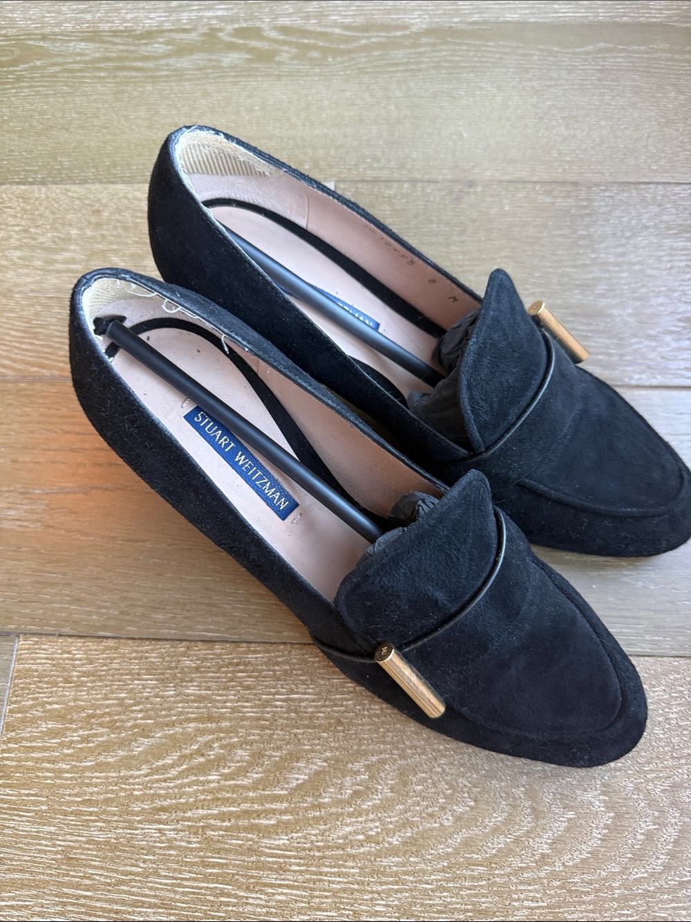 Stuart Weitzman Black Suede Loafers with Gold Bar Detail